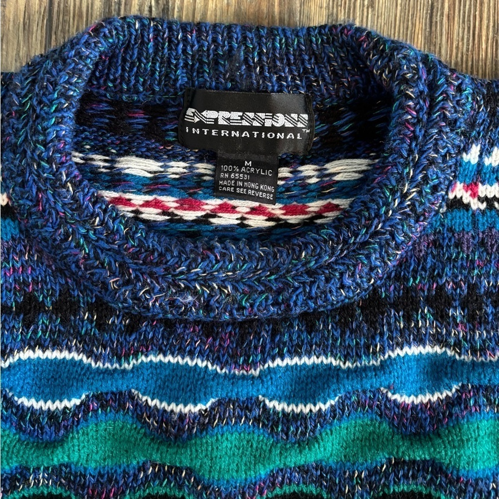 Expressions International Coogi Style Knit Sweater Mens M Blue Multi 3D Textured - Picture 3 of 10